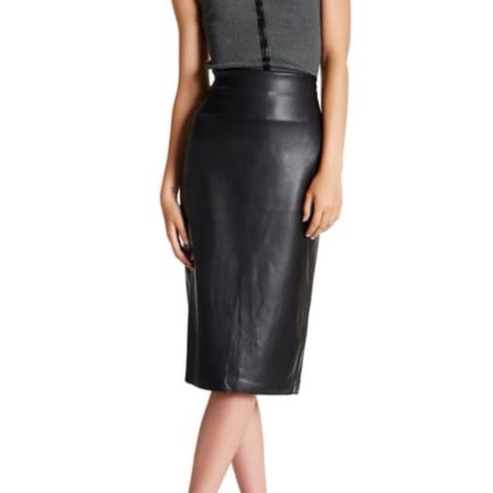 NWT Catherine Malandrino Sexy Black Faux Leather Midi Skirt with Back Slit Sz 18